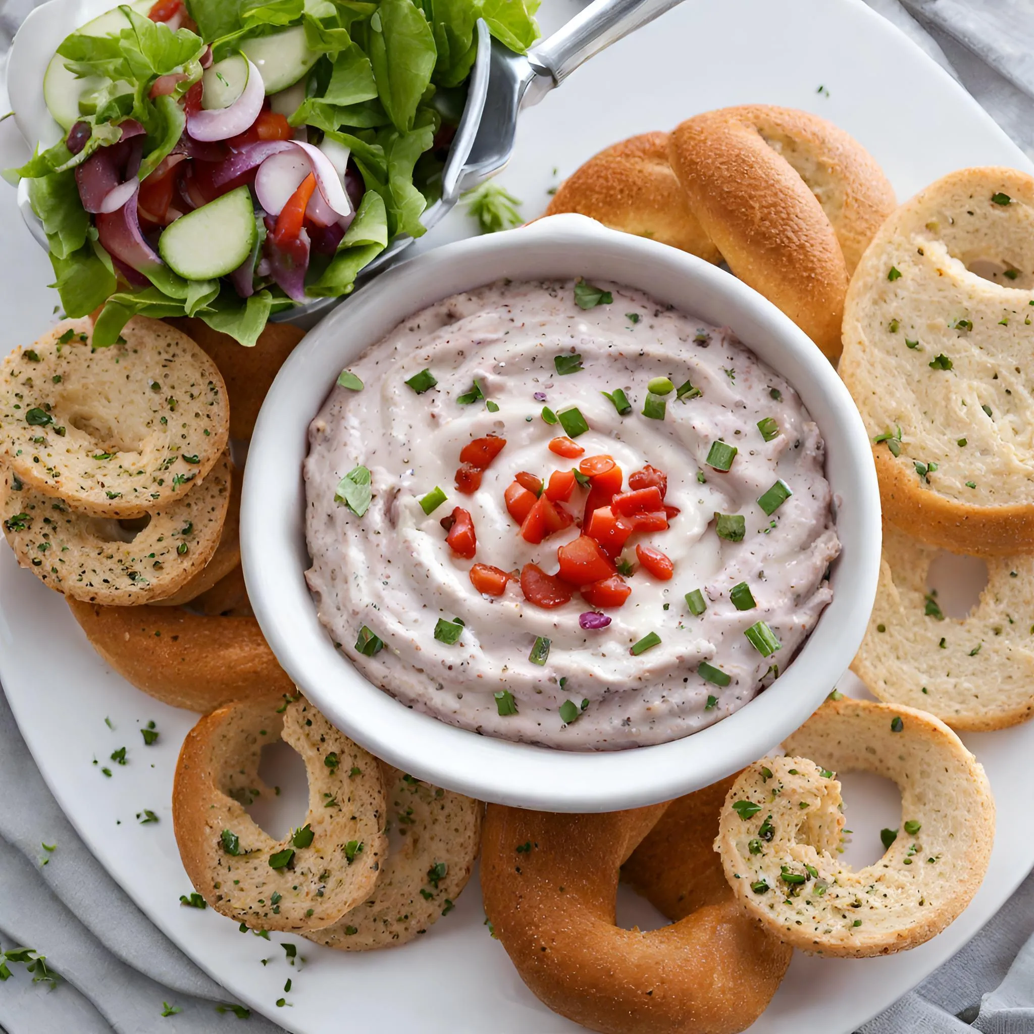 A white plate topped with bagel rings and a bowl of delicious-looking bagel dip.