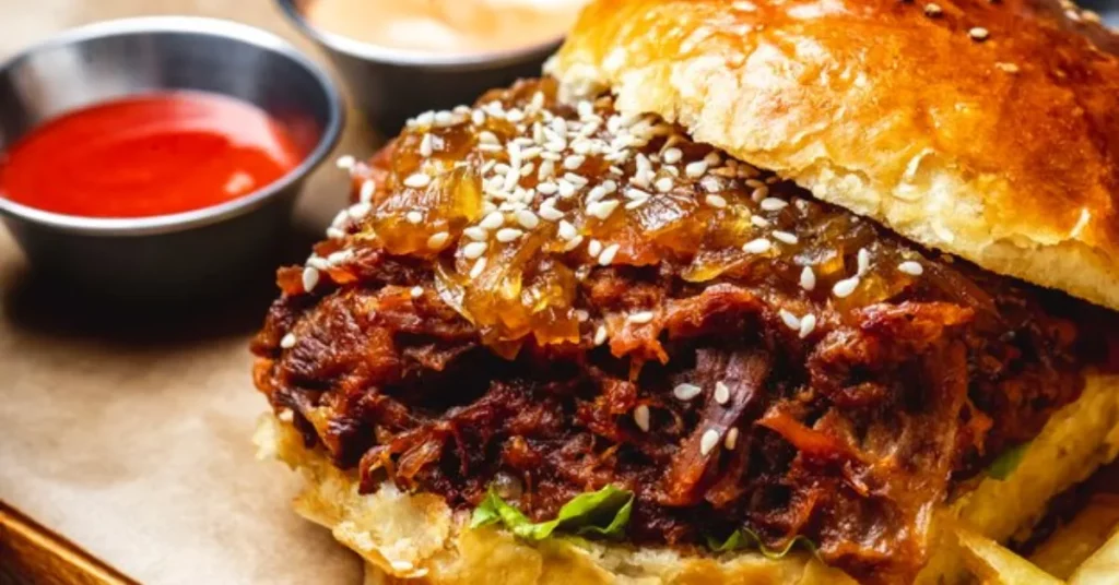 Close-up of a turkey burger on a bun with sesame seeds and sauces on a wooden table.