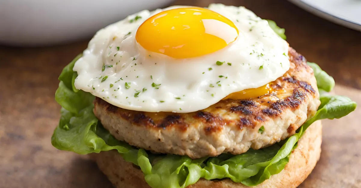  A close-up photo of a turkey burger with a fried egg on top. The burger is sitting on a bun and is garnished with lettuce, tomato, and onion.