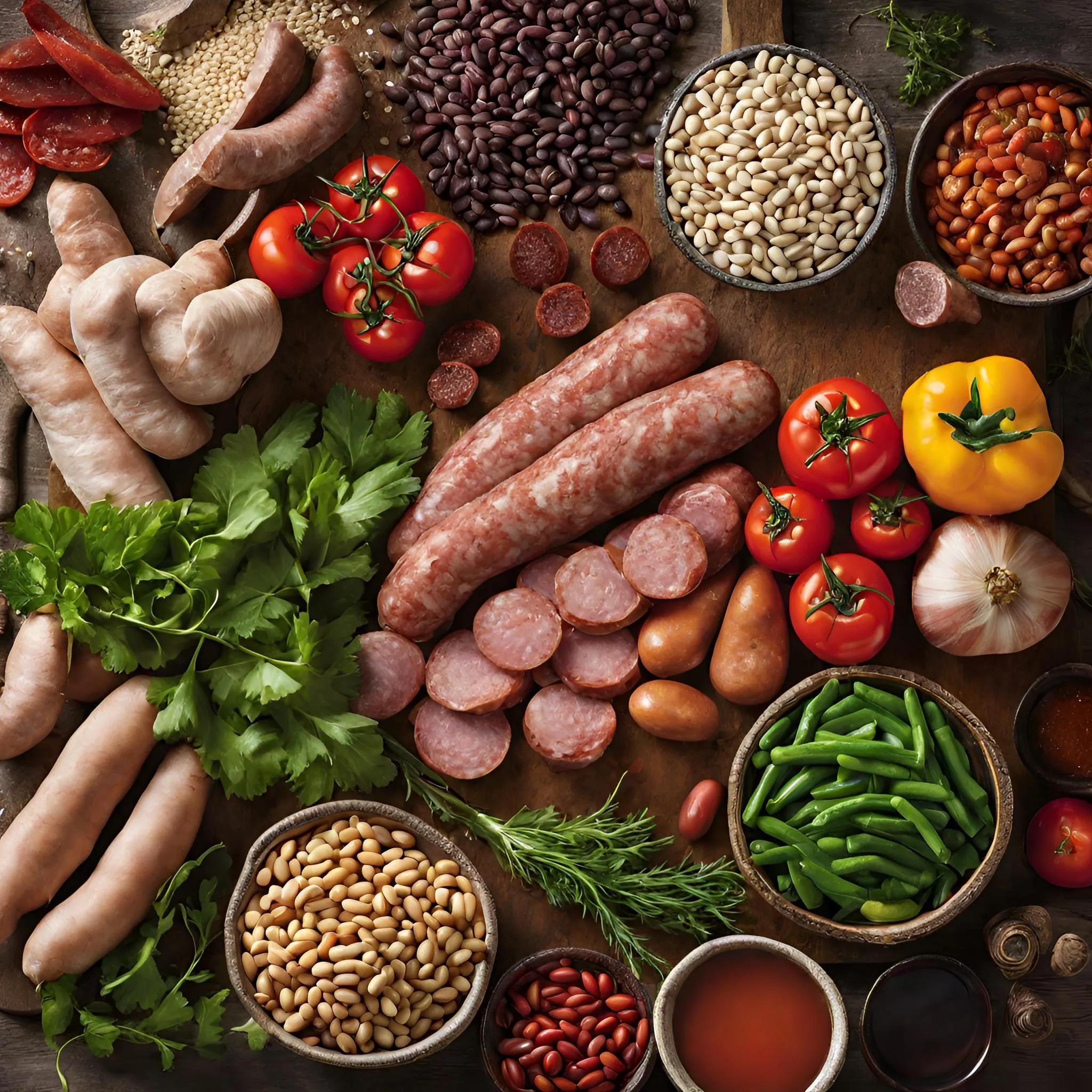 Ingredients for Portuguese bean soup recipe: A variety of ingredients are displayed on a wooden table, including beans, sausage, vegetables, and spices.