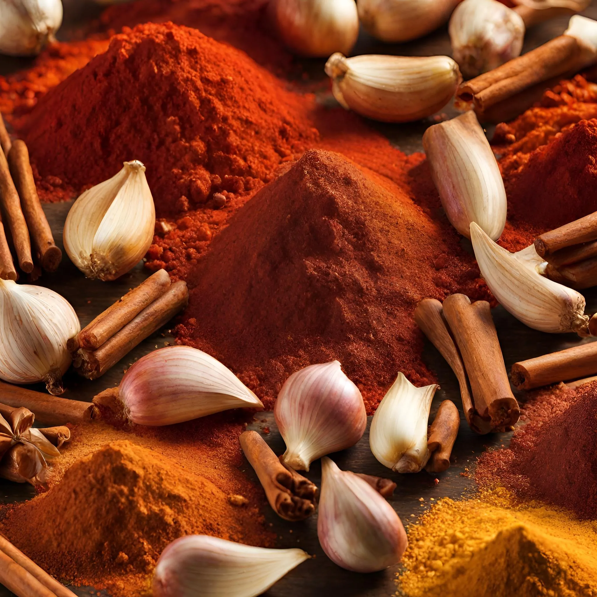 A variety of spices and vegetables on a table, including chili powder, garlic, paprika, and cinnamon, which are key ingredients in Cajun seasoning.