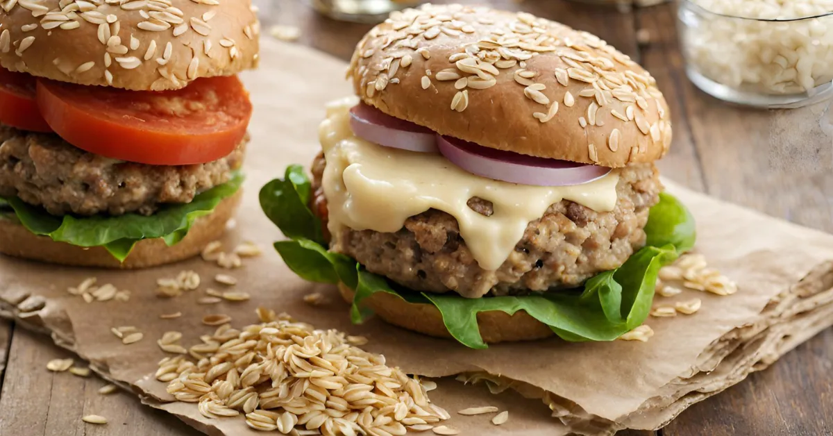 A close-up photo of a turkey burger patty with oats mixed in. The burger is sitting on a plate and is garnished with parsley.
