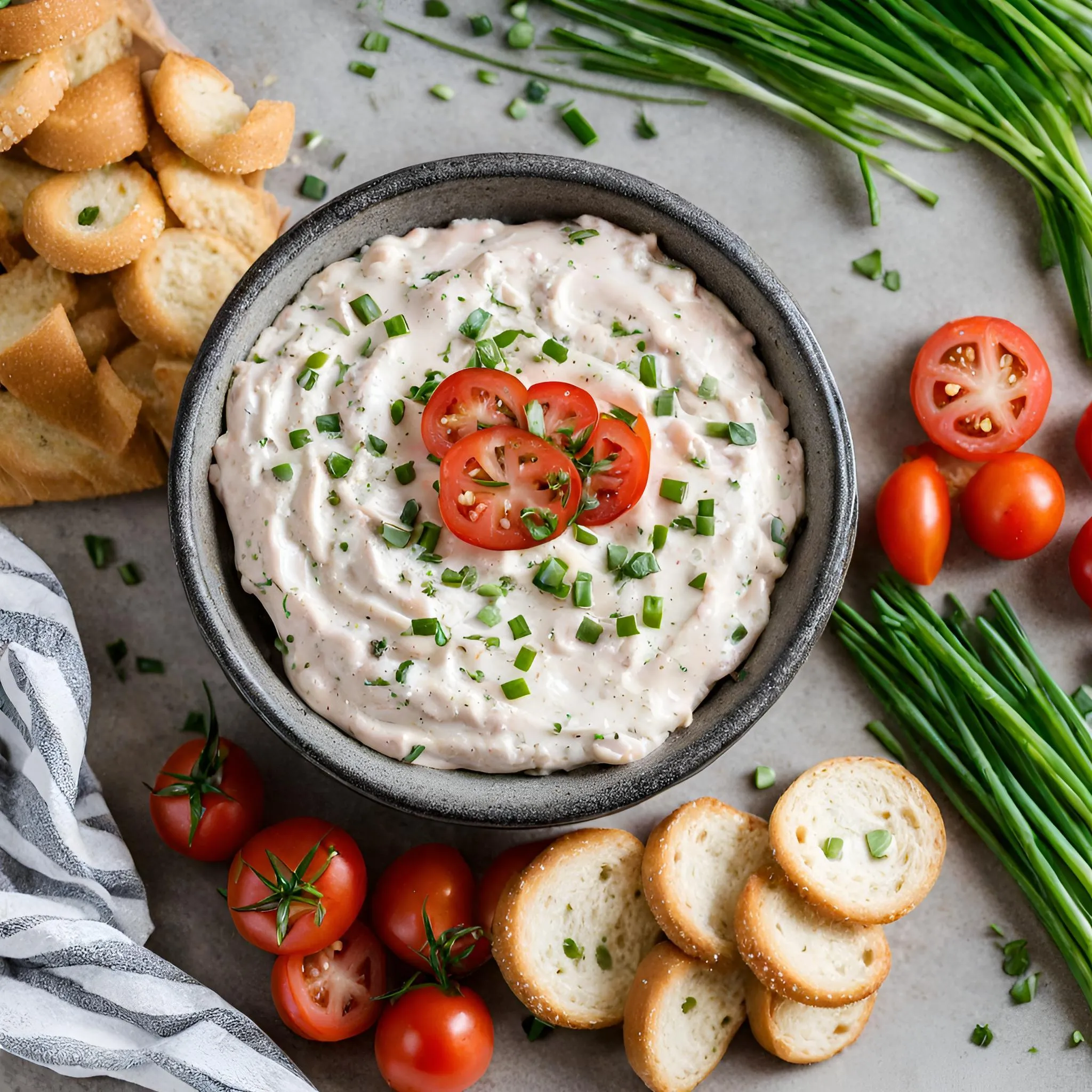 A bowl of bagel dip surrounded by vegetables and crackers on a table.