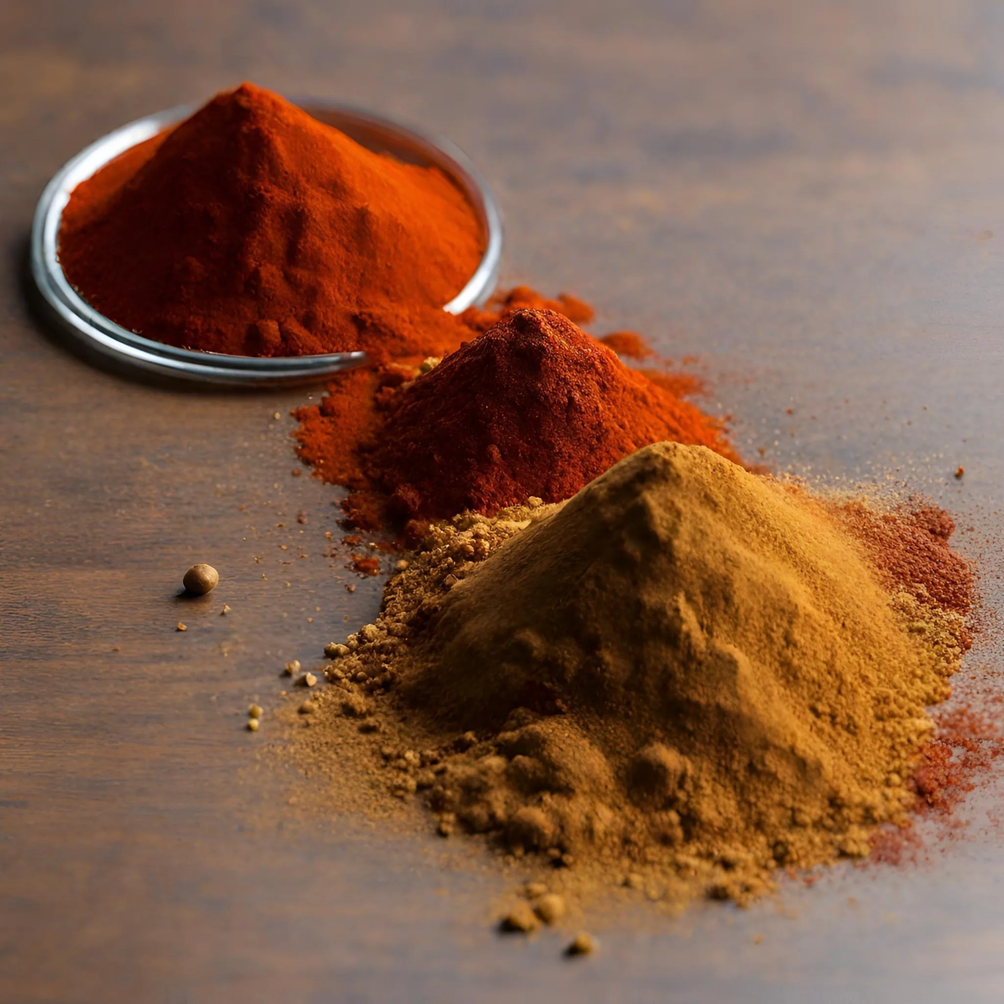 A pile of powdered Cajun and paprika spices sitting on a wooden table. The Cajun spice is a reddish-brown color, while the paprika spice is a brighter red.
