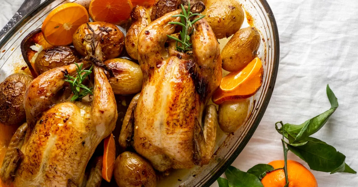 Roasted Cornish Hen with potatoes and vegetables