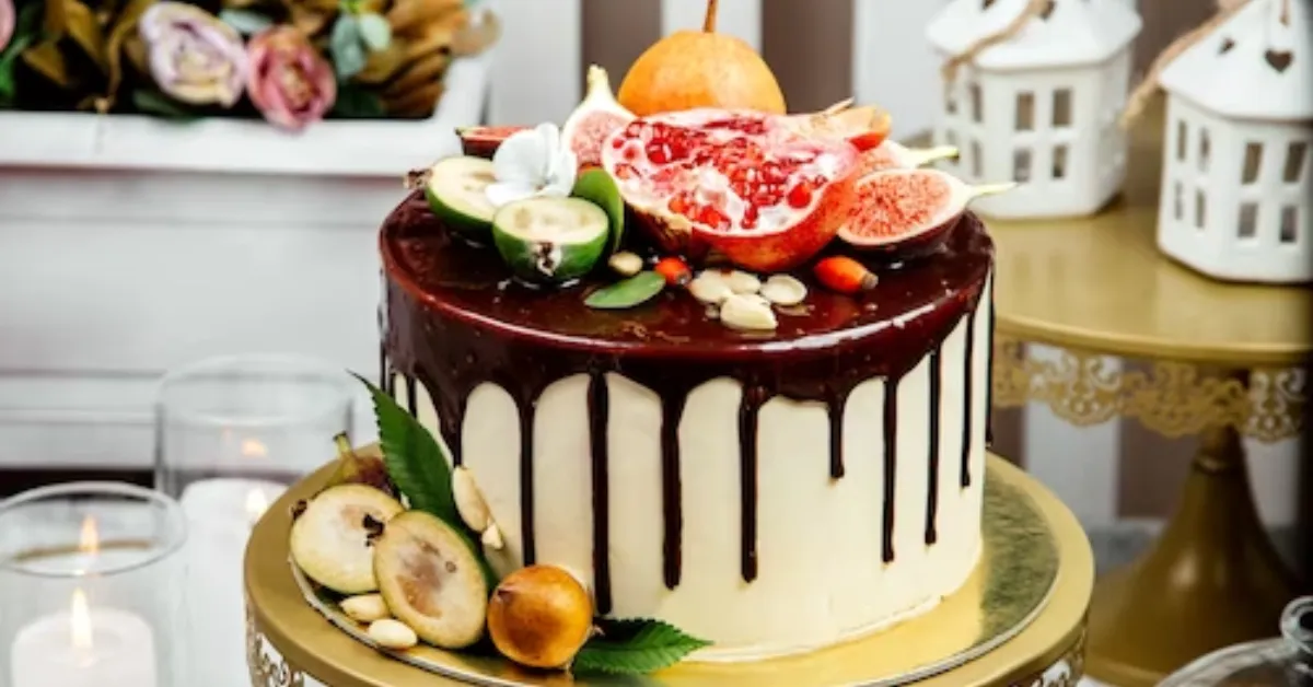Special Occasion Cake topped with chocolate and multiple fruits