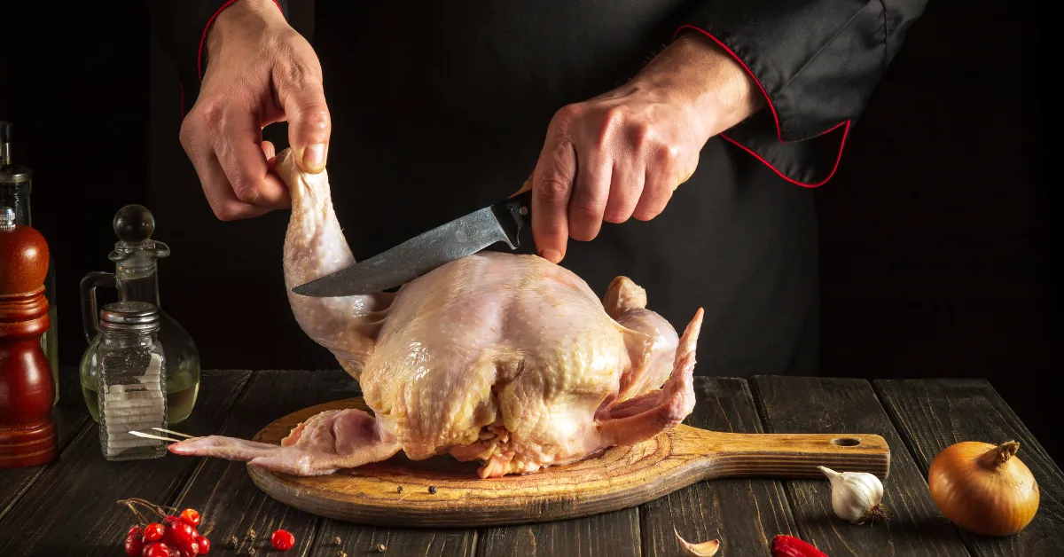 A chef is cutting slits in chicken before cooking to ernsure better flavor and faster cooking time.