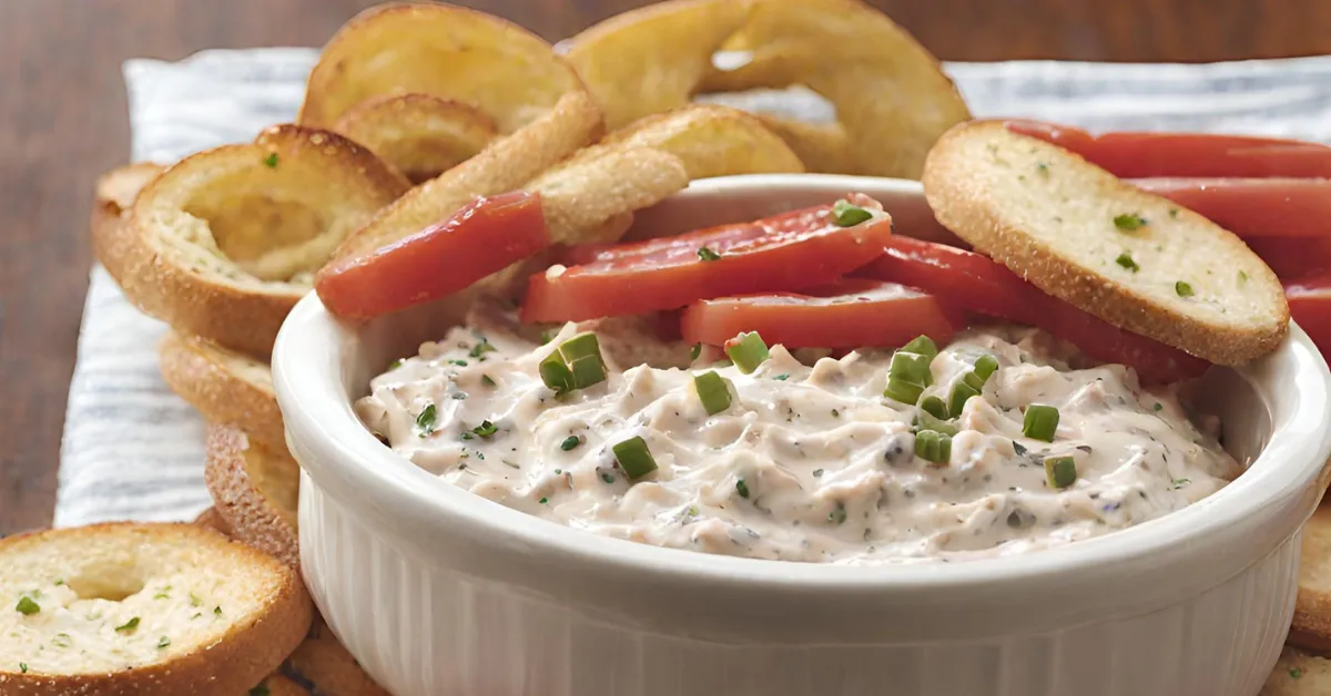 A bowl of bagel dip with tomatoes and chives on a table.