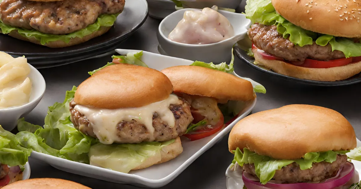 A photo of a variety of turkey burgers, made with different binders, so that readers can see the difference in appearance.