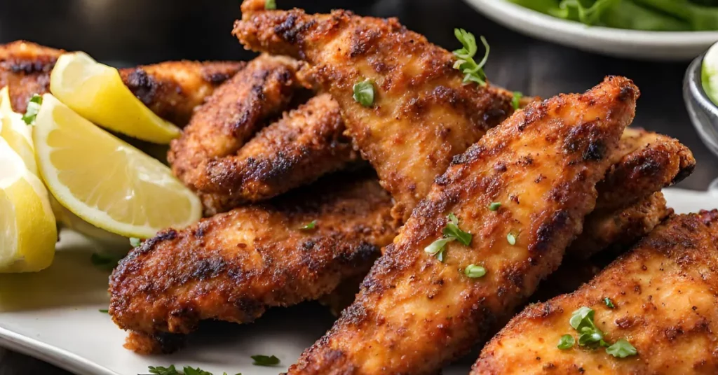 Crispy blackened chicken tenders with lemon slices on a white plate.