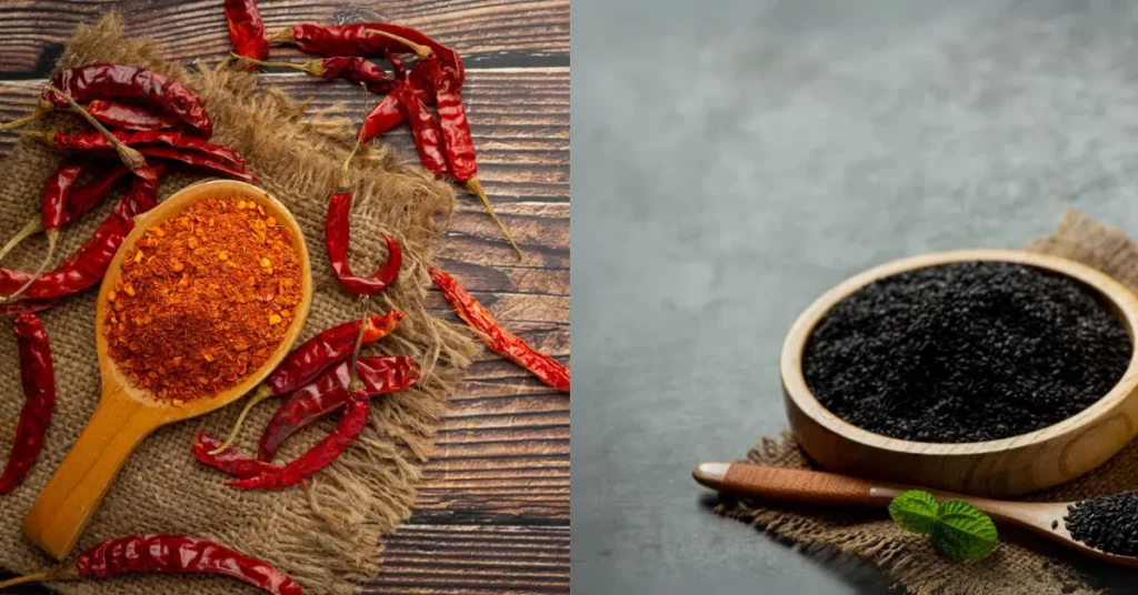 spoon of cajun seasoning surrounded by red peppers. On the right side a bowl of blackened seasoning