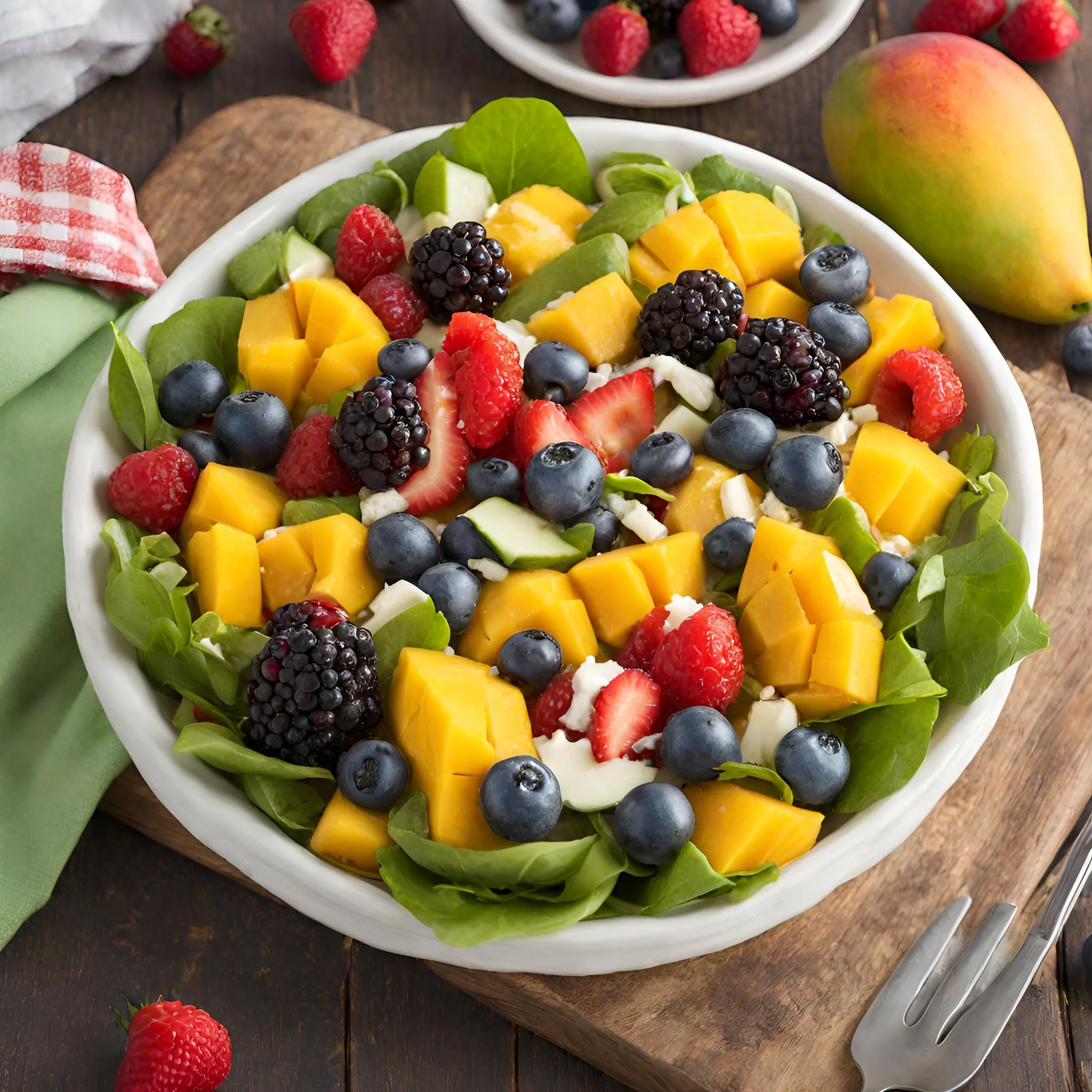 A white bowl filled with a variety of fruits and vegetables including mangoes, blueberries, raspberries, strawberries, cucumbers, and feta cheese.