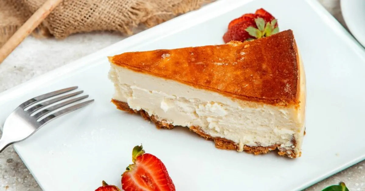 cheesecake with side sliced strawberry sitting out