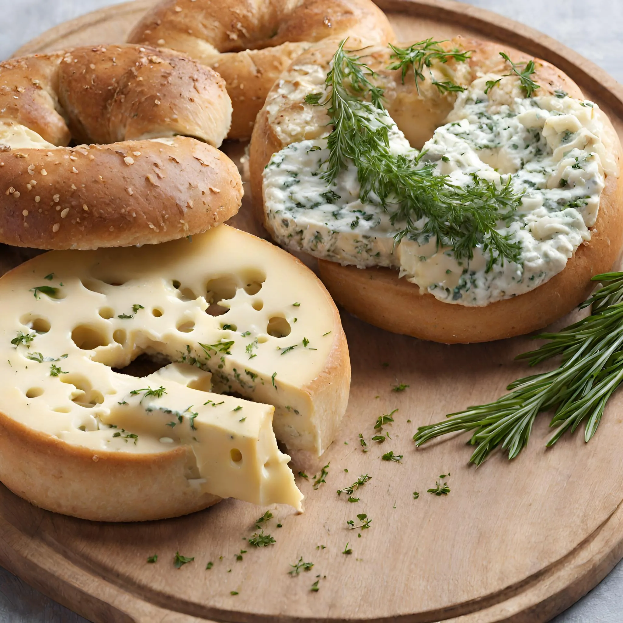 A wooden cutting board topped with a bagel, cream cheese, cheddar cheese, and fresh chives.