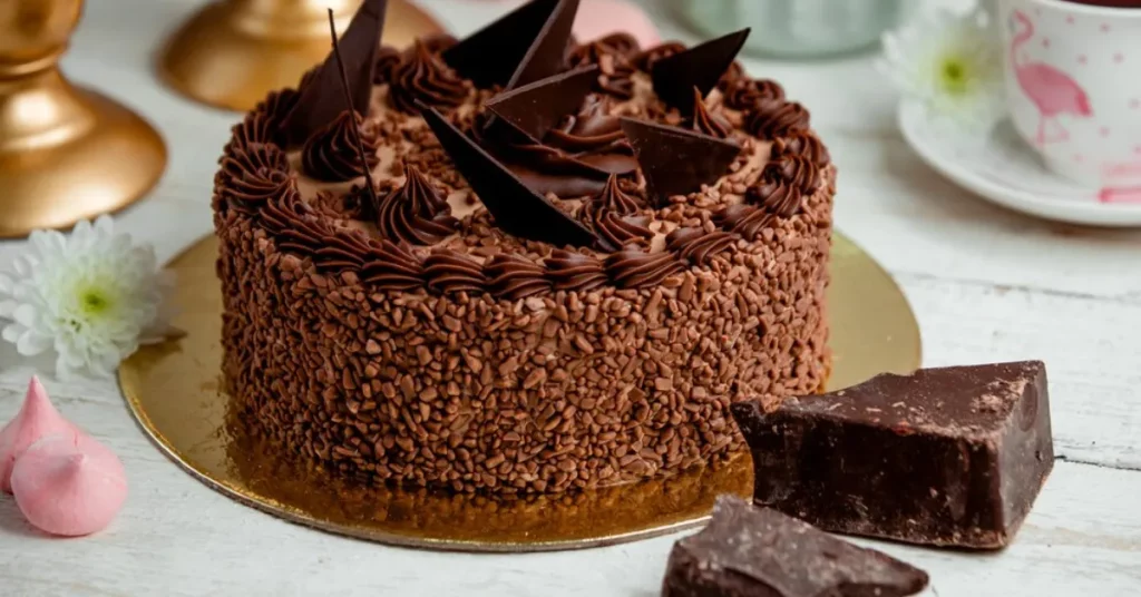 chocolate cake decorated with chocolate chips