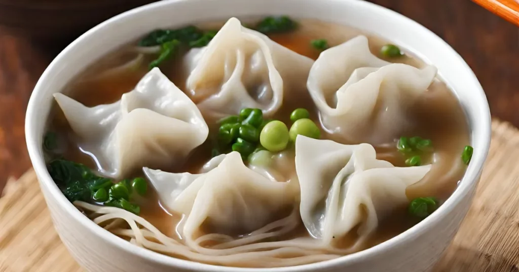 A close-up of a bowl of wonton soup with dumplings, chili sauce, and soy sauce.