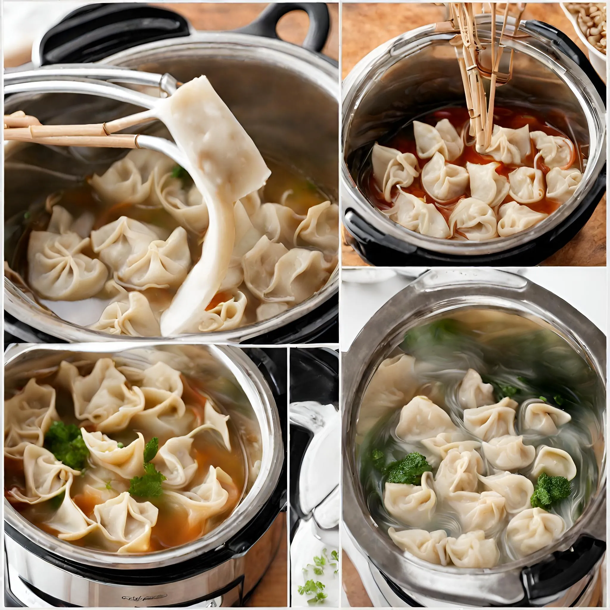 A collage of photos showing how to make wonton soup in an Instant Pot.