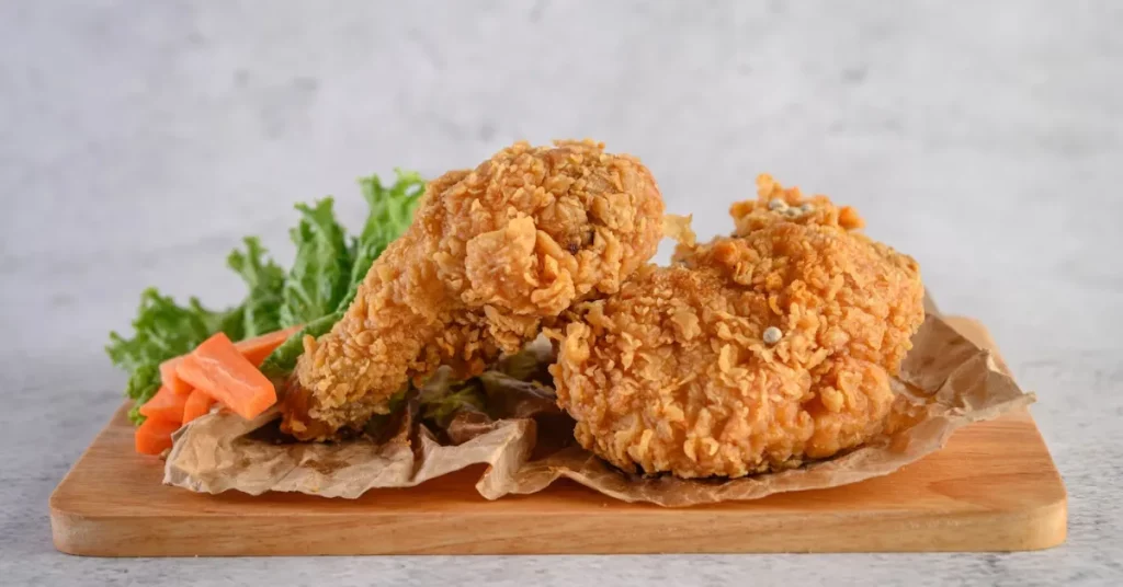 a wooden cutting board that contains crispy fried chicken