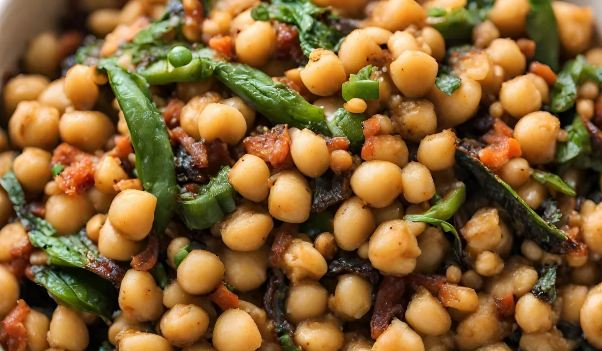 Close-up photo of a bowl of a side dish called garbanzo beans with parsley and tomatoes.