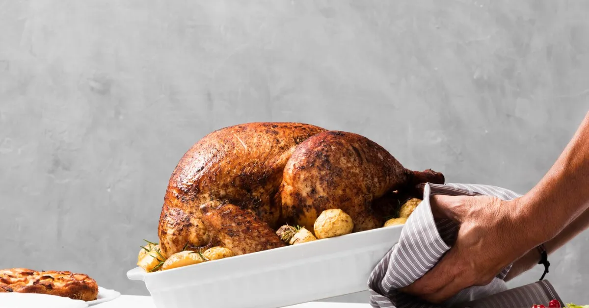 close-up hands putting roasted turkey using Ina Garten way.