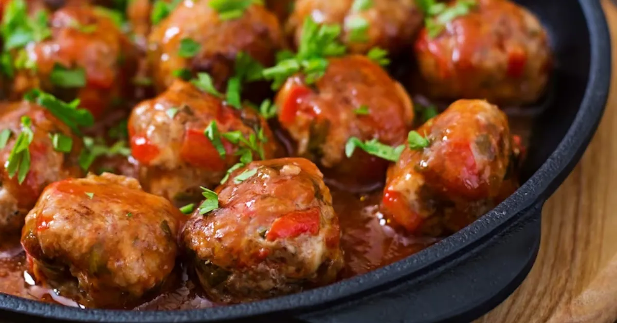 A pan of meatballs cooking in a tomato sauce. Yes, meatballs do get softer the longer you cook them. This is because they are cooked in a skillet with tomato sauce and parsley.