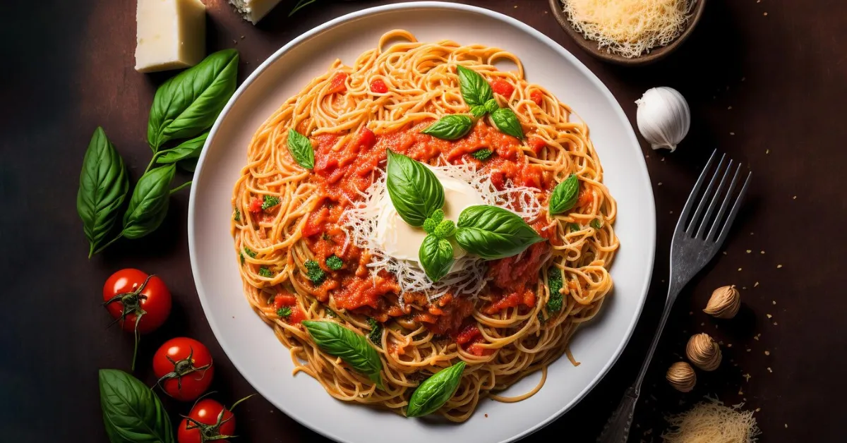 This image shows a plate of bear spaghetti recipe with tomato sauce and basil, which is a delicious and easy-to-make dish that is perfect for any occasion.
