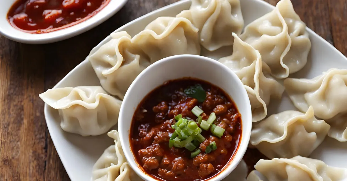 A close-up of a plate of wonton dumplings and a bowl of chili sauce on a wooden table. The wonton dumplings are small, crescent-shaped dumplings filled with a variety of ingredients, including meat, vegetables, and spices.