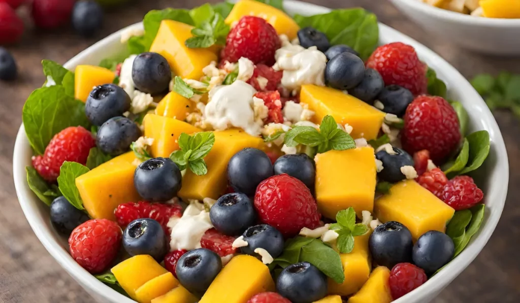 A bowl of Zupas Mango Berry Salad, a refreshing and flavorful mix of mangoes, blueberries, raspberries, strawberries, cucumbers, and feta cheese, dressed with a yogurt-based dressing.