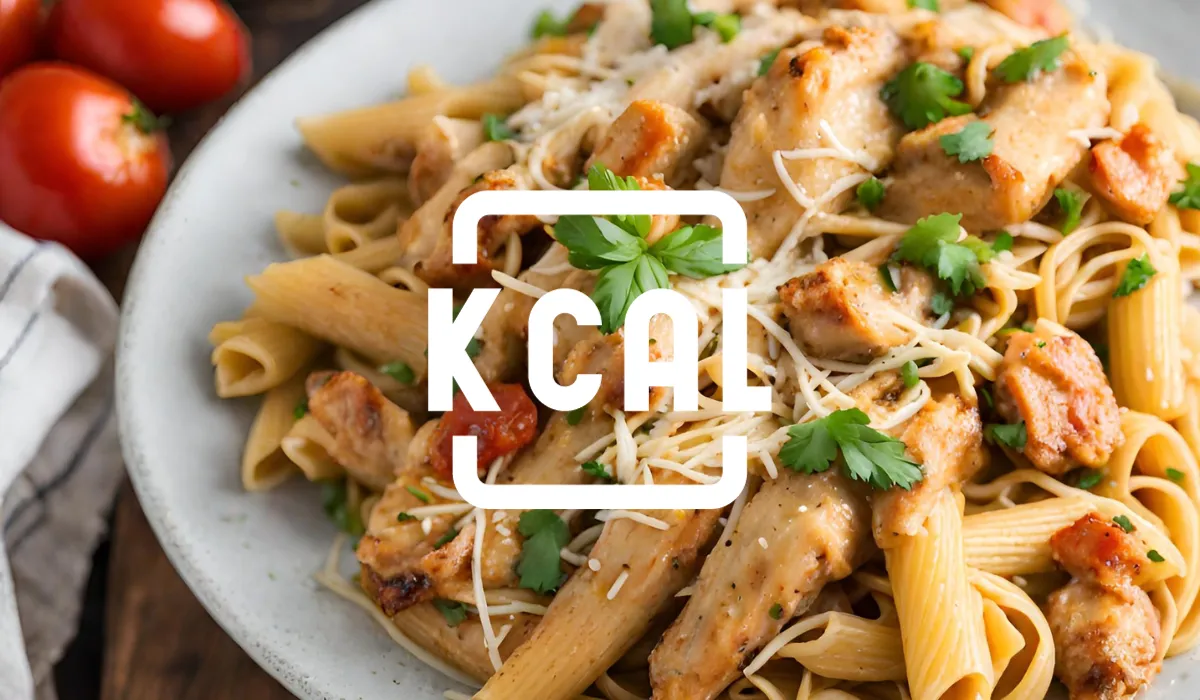 A white plate topped with pasta and chicken, with the text 'KCAL'