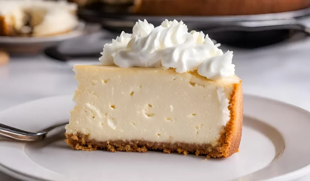 A Cheesecake With Cream Cheese and Fluff on a white plate.