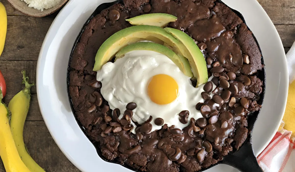 A chocolate chip cookie skillet topped with avocado and an egg, perfect for breakfast, lunch, or dinner. El Chico Brownie Skillet Recipe is a delicious and easy-to-make dessert that is sure to please everyone who tries it.