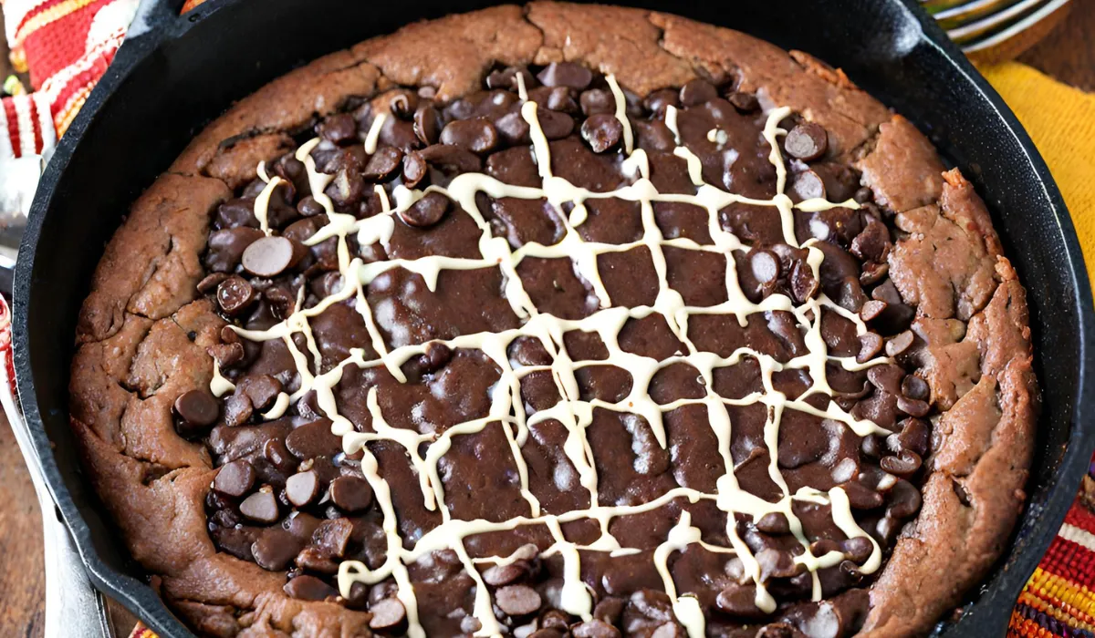 A close-up of a chocolate chip cookie pizza with white frosting and chocolate chips. The cookie is golden brown and the frosting is smooth and creamy.