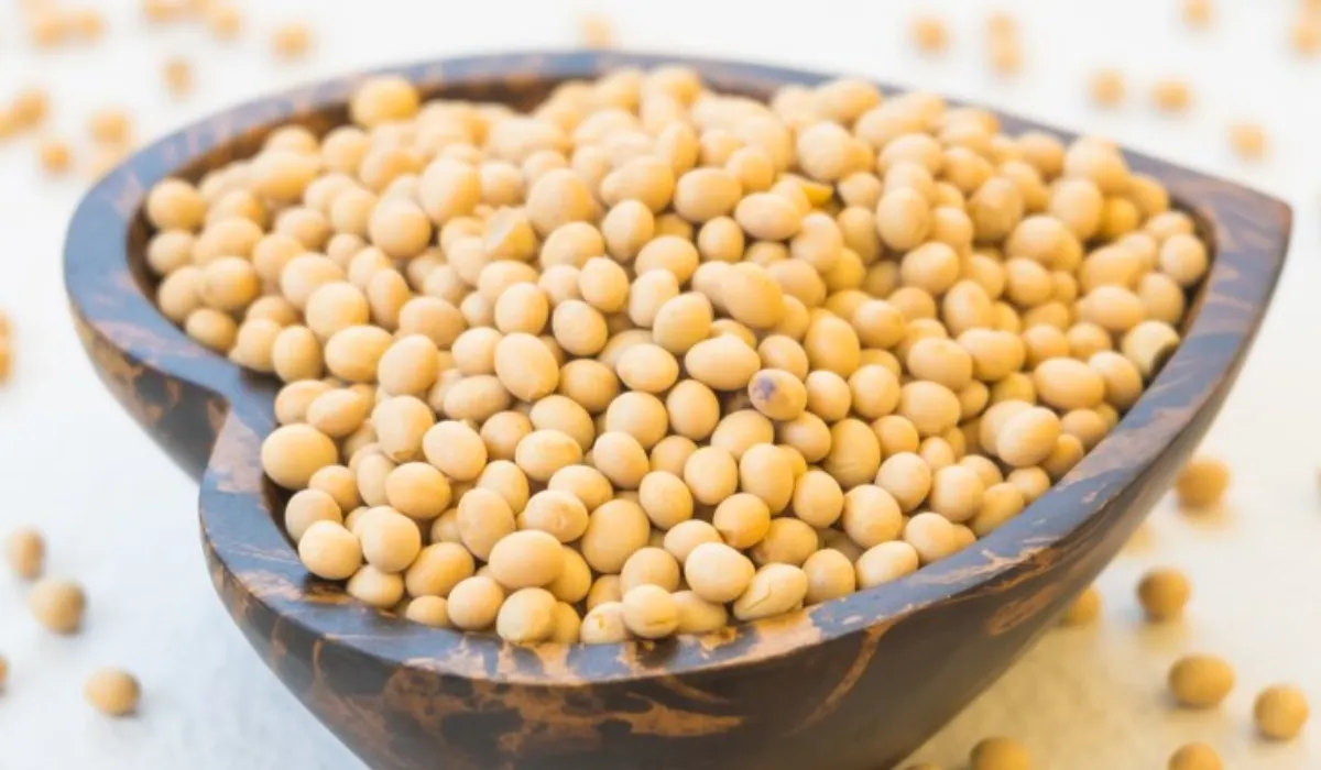 A healthy and nutritious snack of soybeans in a heart-shaped bowl.
