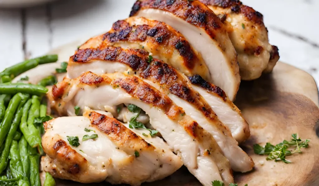 Close-up of a piece of raw chicken breast on a cutting board, with a grill spatula and tongs in the background.