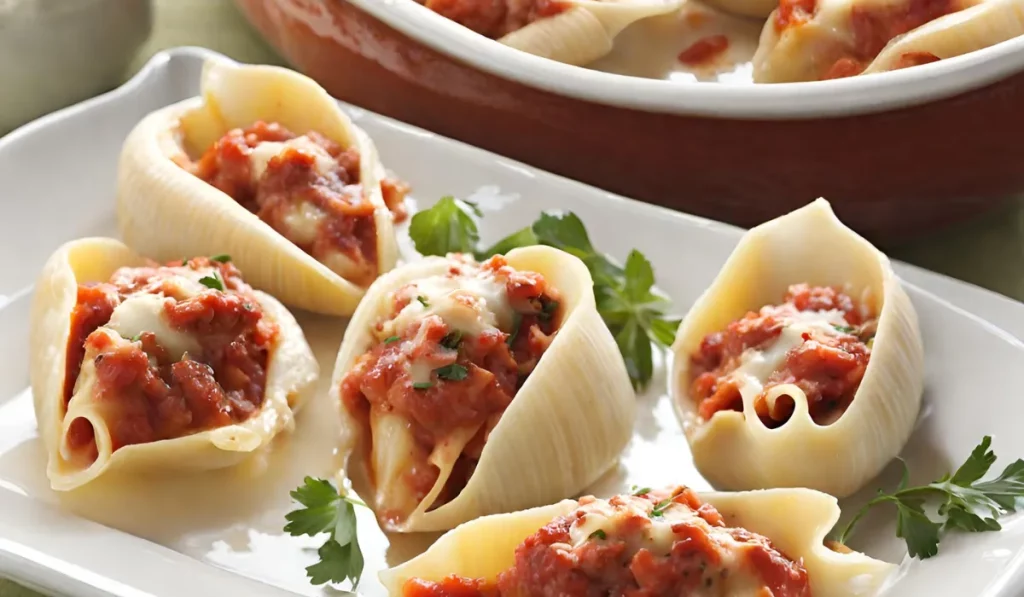 Close-up of a plate of San Giorgio stuffed shells with meat and cheese