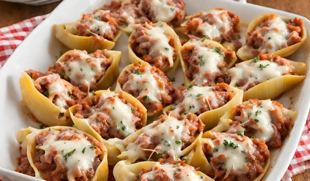 San Giorgio stuffed shells with meat, a traditional Italian dish made with large pasta shells filled with a mixture of ground meat, vegetables, and cheese.