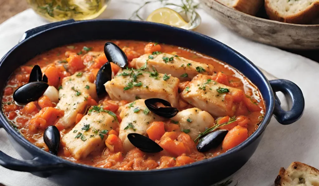 A pan filled with burrida recipe which contains fish, mussels, and tomatoes, simmering in a rich red sauce. This classic Italian dish is perfect for a special occasion or a weeknight meal.