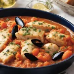 A pan filled with burrida recipe which contains fish, mussels, and tomatoes, simmering in a rich red sauce. This classic Italian dish is perfect for a special occasion or a weeknight meal.