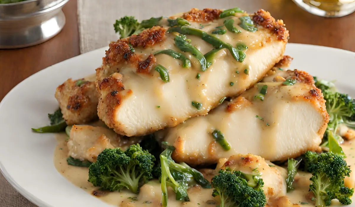 A plate of cheesecake factory chicken bellagio recipe a wooden table. The chicken is covered in a white sauce, and the broccoli is covered in a green sauce.
