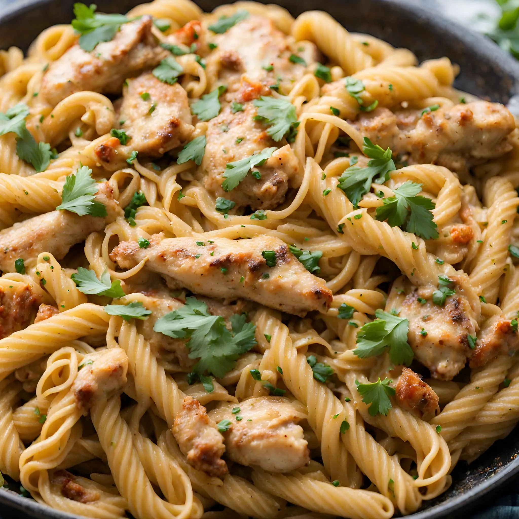 Close-up photo of a plate of chipotle chicken pasta, with roasted chicken, peppers, and onions tossed in a creamy chipotle sauce, topped with cilantro and grated parmesan cheese.