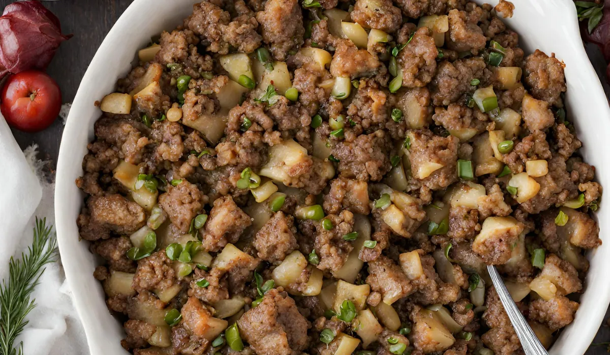 A casserole dish filled with French meat stuffing recipe, a traditional Thanksgiving side dish.