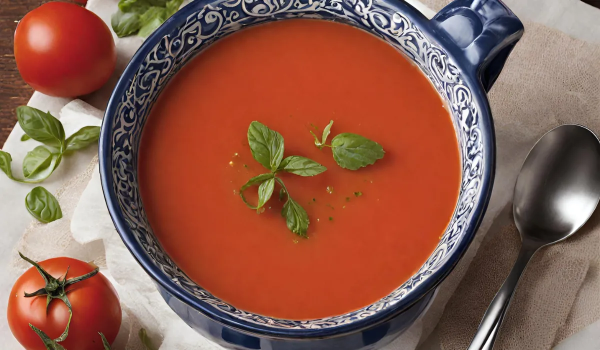 Close-up of fridheimar tomato soup recipe with basil leaves and a spoon