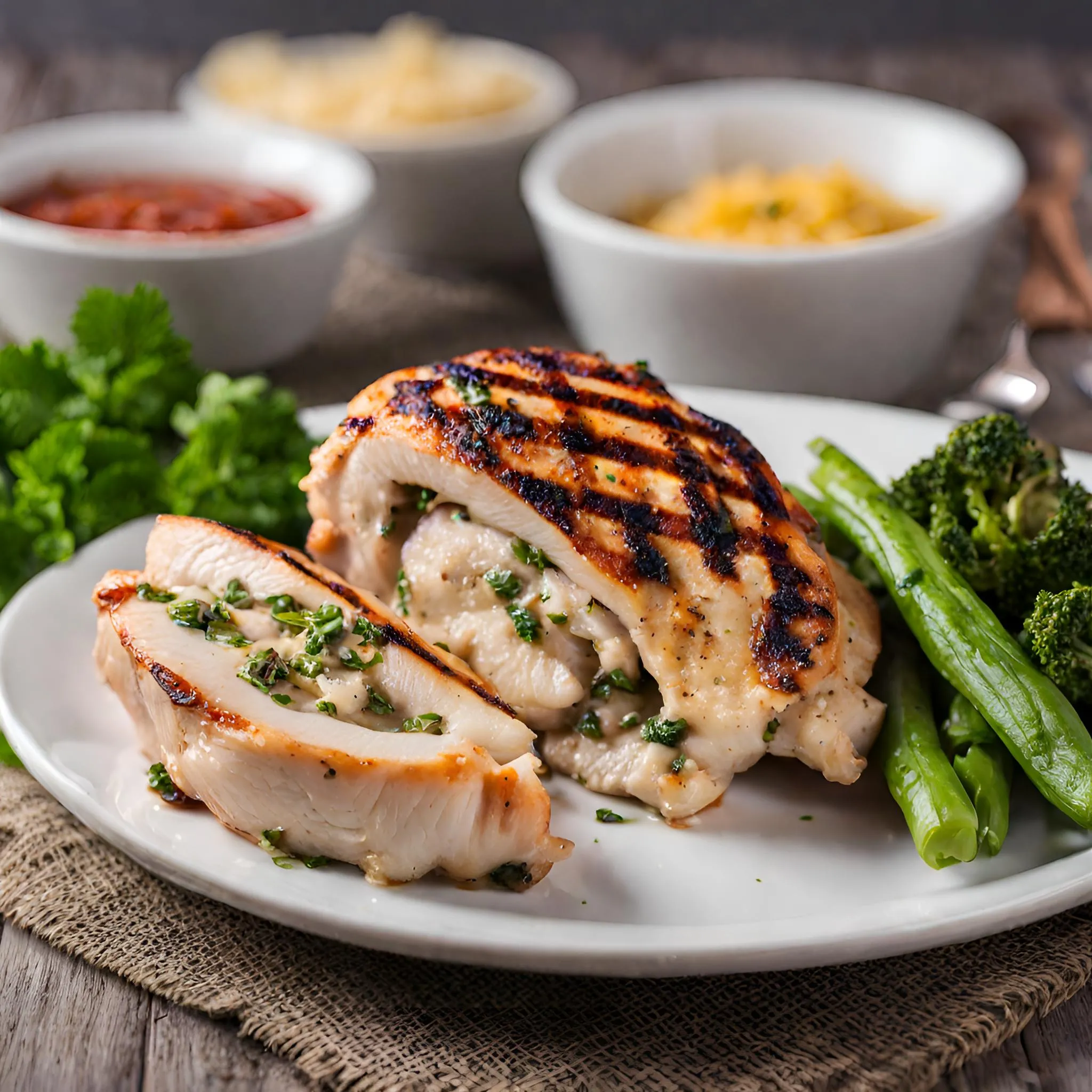 Grilled Chicken Breast Stuffed with Cheese and Green Beans