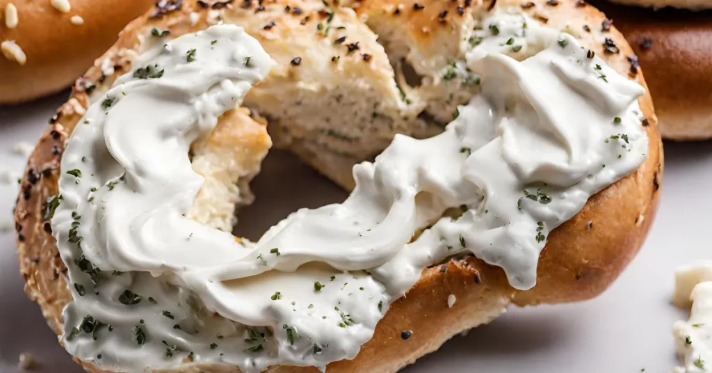 A close-up of a bagel with cream cheese on top.