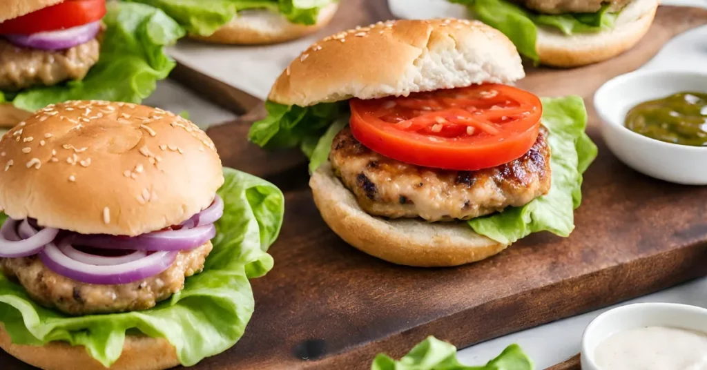 Two burgers sitting on top of a wooden table.