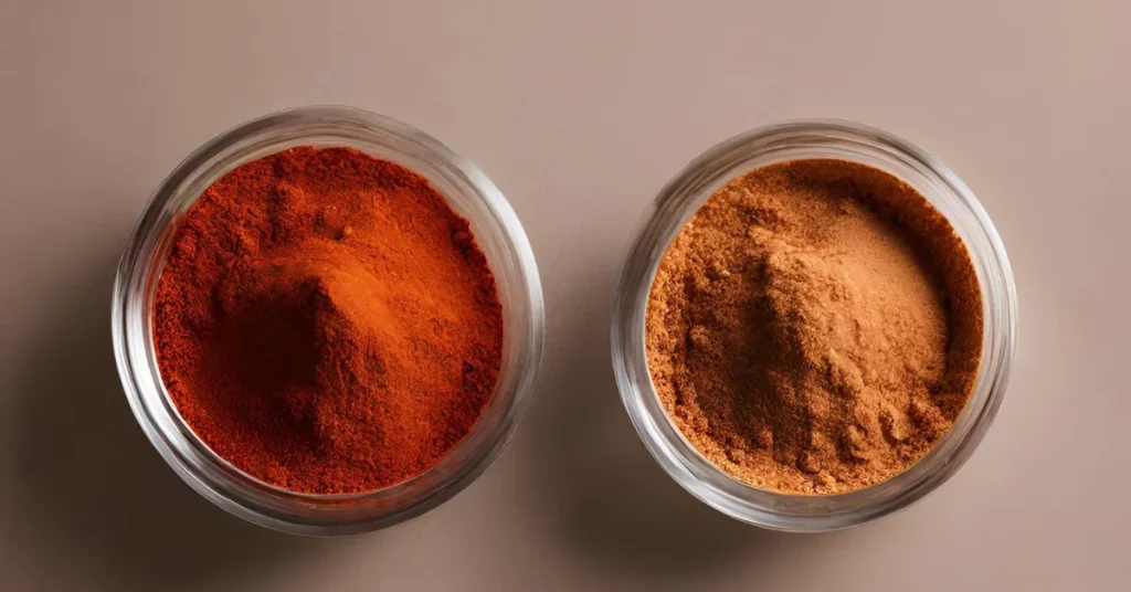 both Cajun pepper powder and paprika powder, side-by-side. Cajun on the left and paprika on the right side.