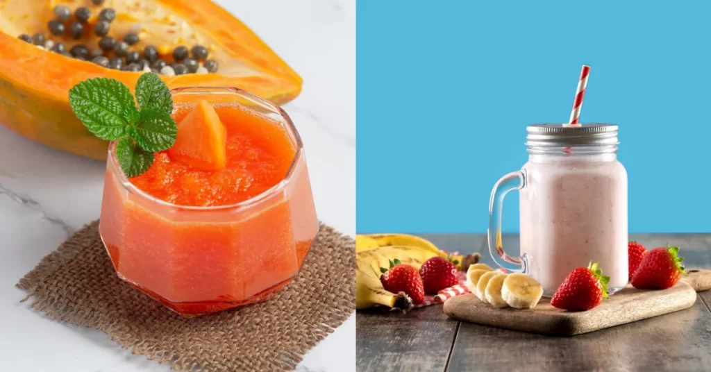 papaya juice representing Caribbean Way and strawberry and banana smoothie in jar on wooden table and blue background on the right sidde of the picture representing Angel Food Smoothie King