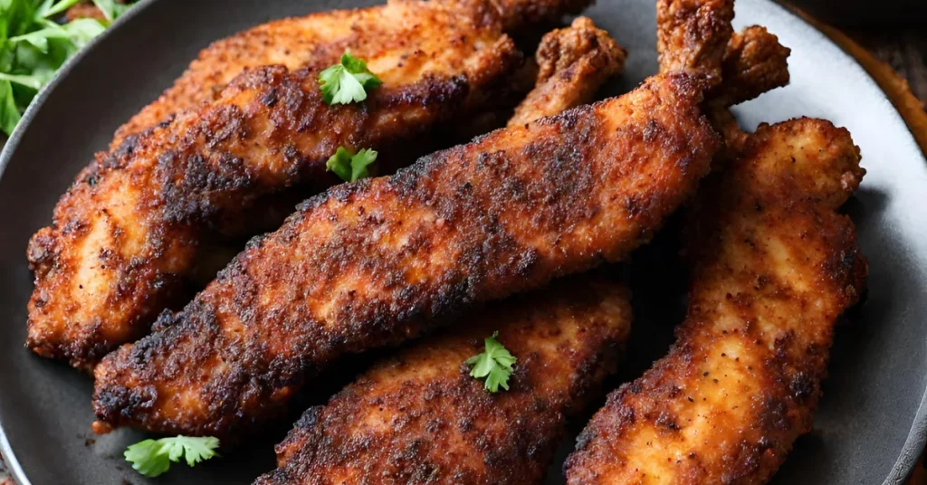 Plate of blackened chicken tenders with parsley garnish. Healthy blackened tenders are a delicious and nutritious meal option.