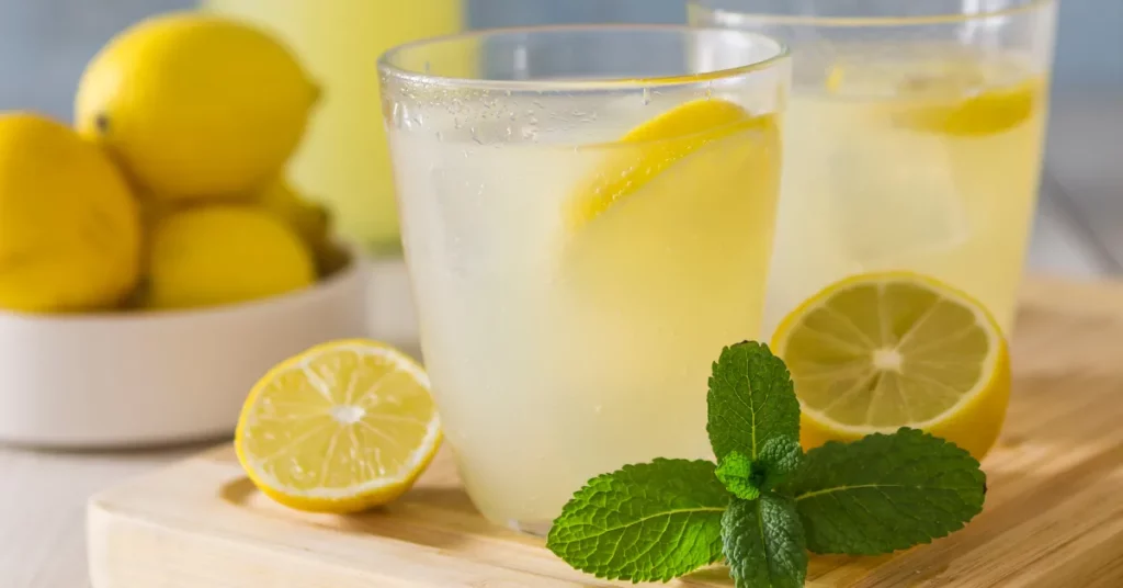 Two glasses of fair lemonade, a refreshing and healthy drink made with fresh lemons, water, and sugar. It is also low in calories and fat..