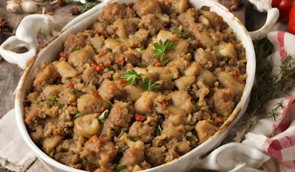 A casserole dish filled with meat stuffing and vegetables, a classic holiday side dish.